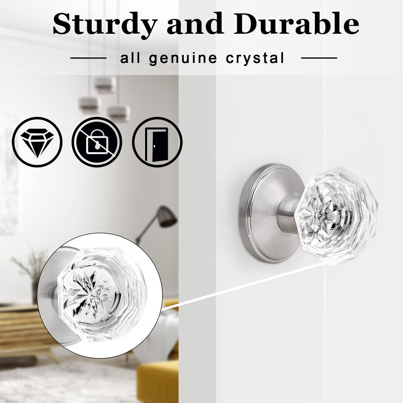 Orger Dummy Crystal Door Knobs with Diamond Shape in Satin Nickel Finish, Inactive Non-Turning Single Side Interior Dummy Handles for French Door/Cloakroom, 2 Pack - Image 5